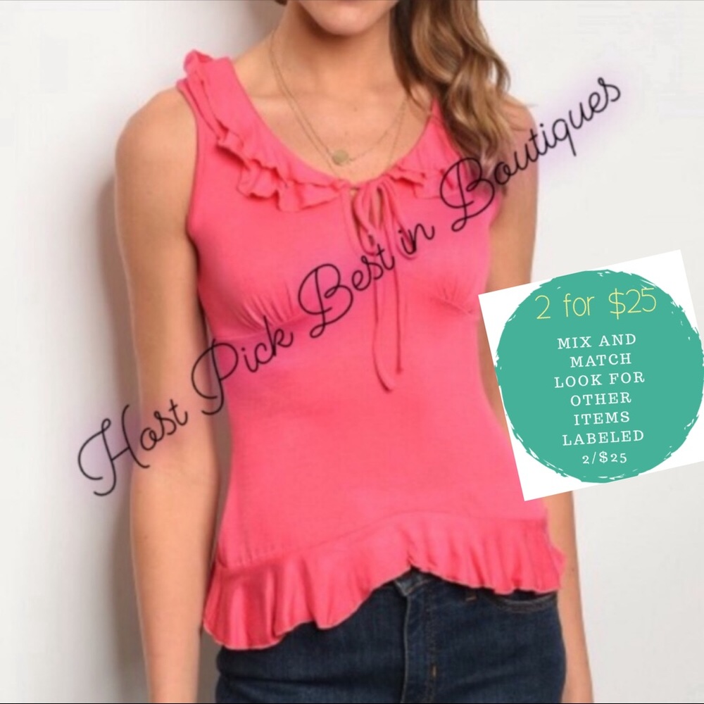 Pink Coral Top Sleeveless Ruffled V Neck